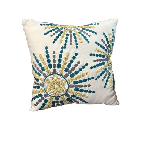 Pier 1 Embroidered Sunburst Pillow Teal Gold White 16 x 16 - Picture 10 of 11